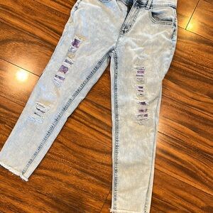 Justice Light Blue Denim Jeans with purple sequins in the distressed parts